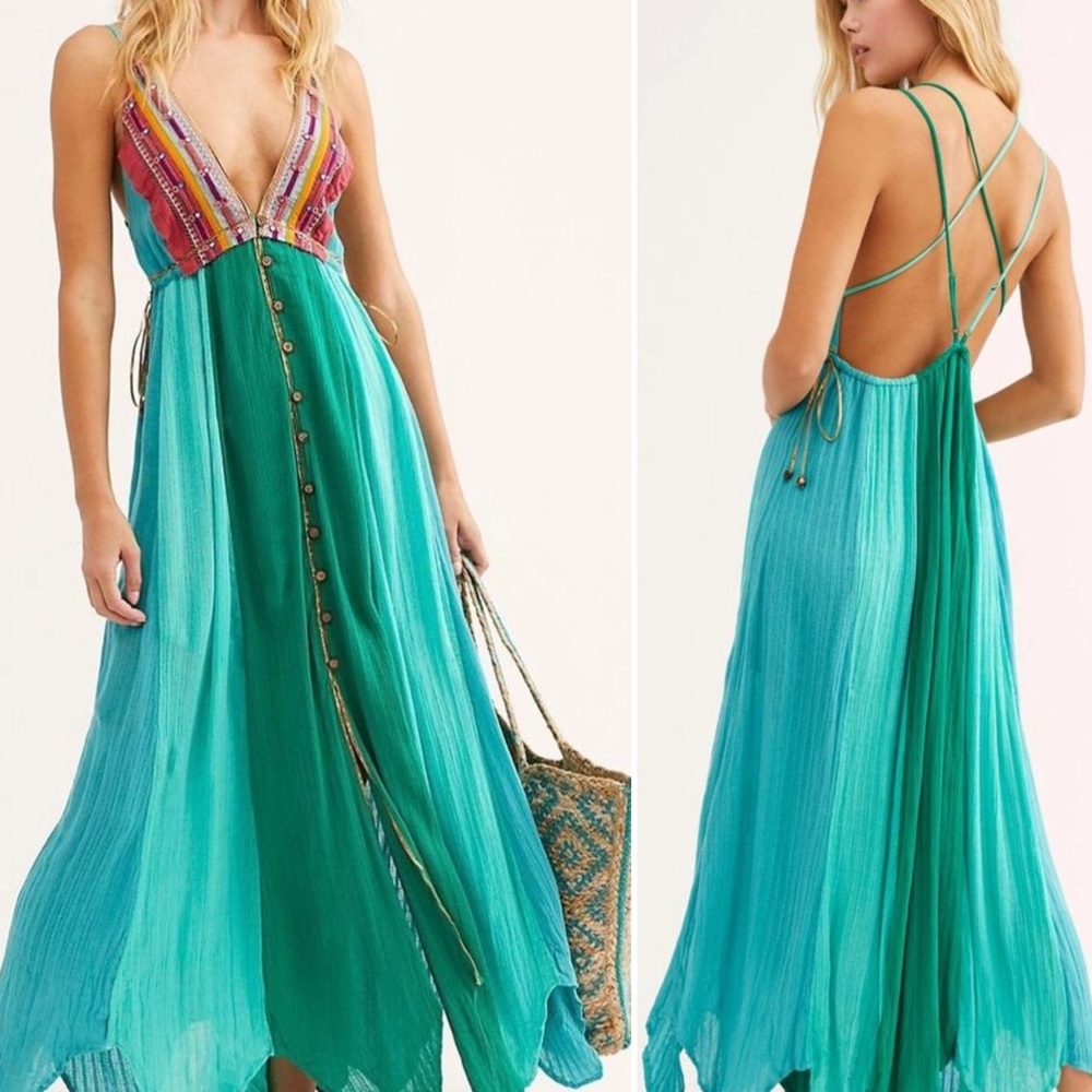 Free People l Teal Blue Bohemian Scarf Maxi Dress Music Festiva Whimsical Small